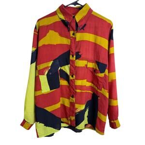 Betty Jackson England Shirt Womens 10 Long Sleeve Button Up Abstract Artsy Wool